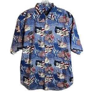 Cotton Traders Sport  Medium Red Blue Button‎ Down Shirt Patriotic Flair NWT